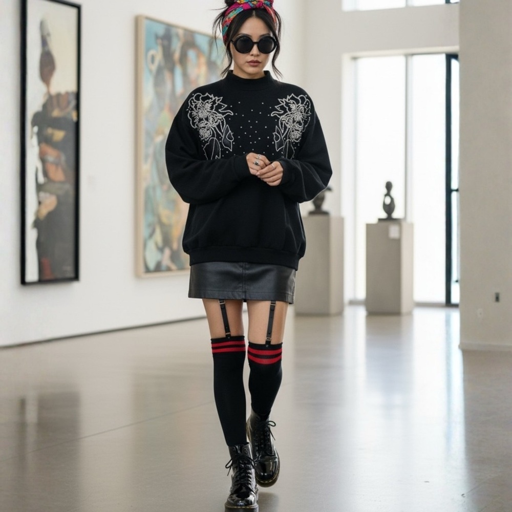 Vintage Black Rhinestone Floral Mock Neck Sweatshirt 80s 90s Coquette L - Picture 4 of 10